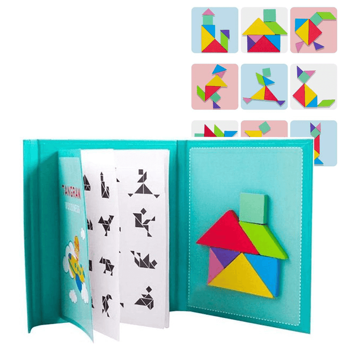 Magnetisch Tangram Leerboek voor Kinderen – Houten Puzzelset met 96 Uitdagingen