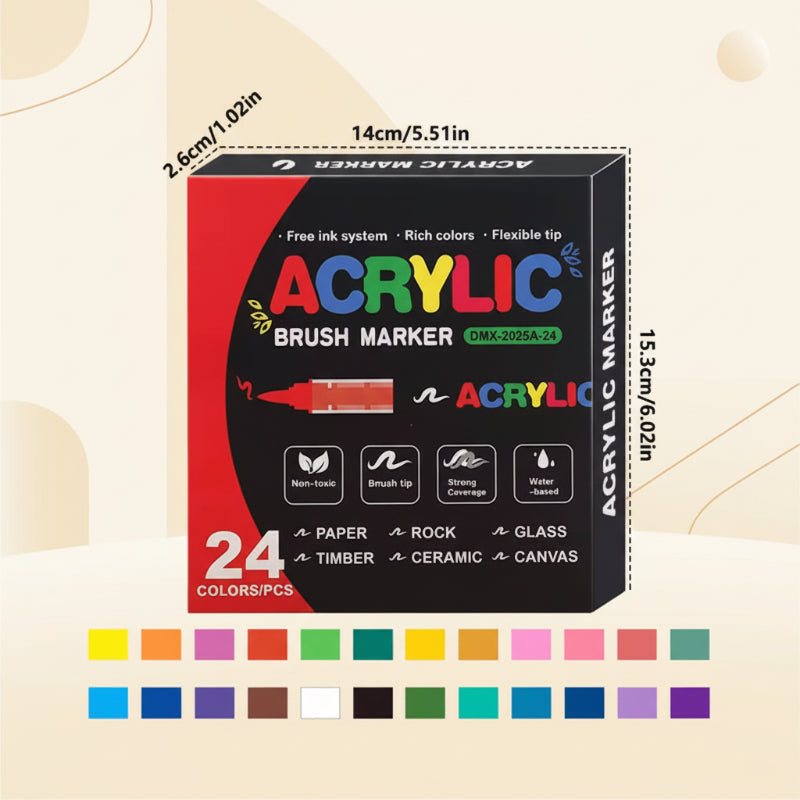 Acrylmarkers met flexibele penseelpunt voor glas, keramiek, steen, hout en papier, sneldrogende inkt op waterbasis