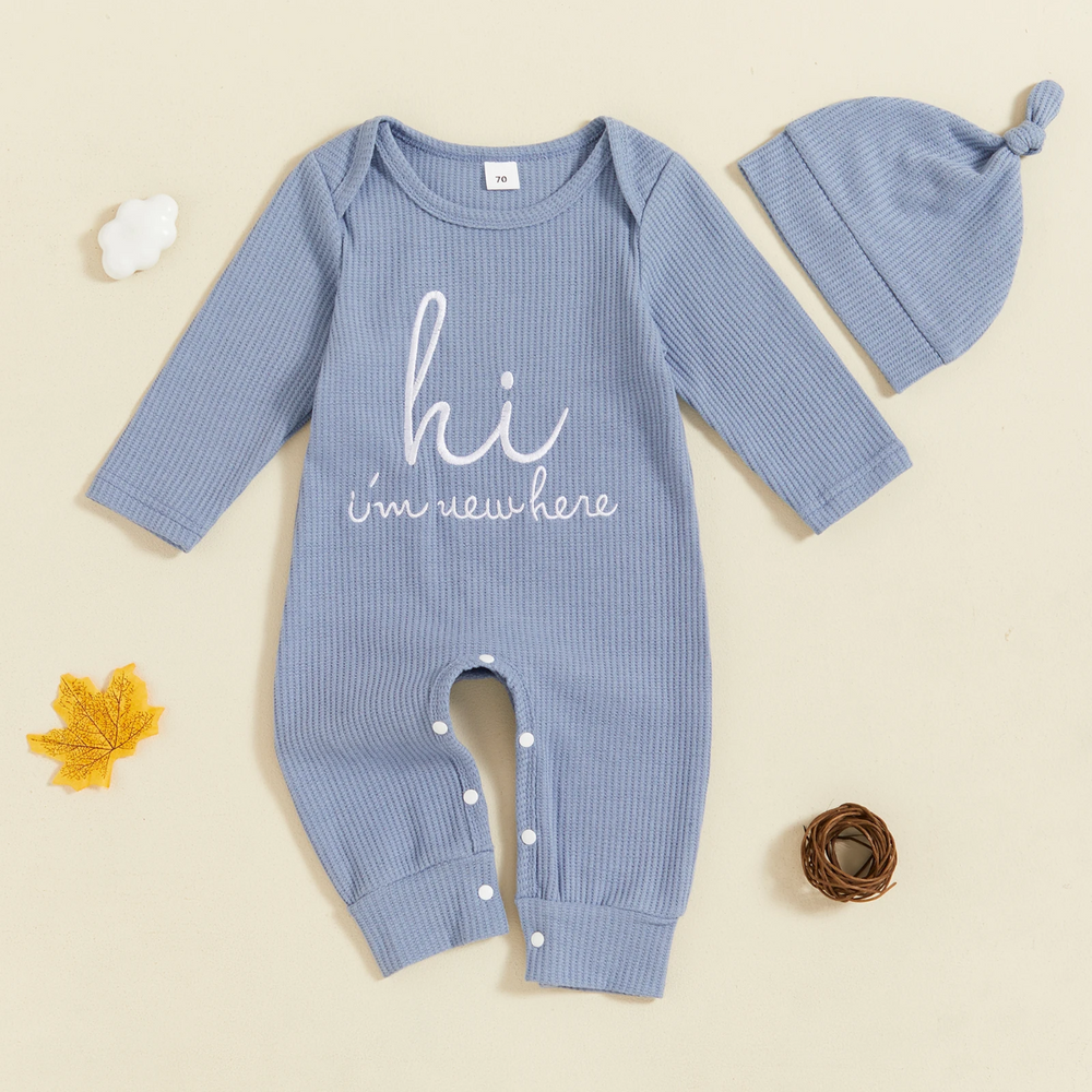 Babyjumpsuit met bijpassend mutsje, tweedelige set van zachte katoenmix met lange mouwen voor jongens en meisjes