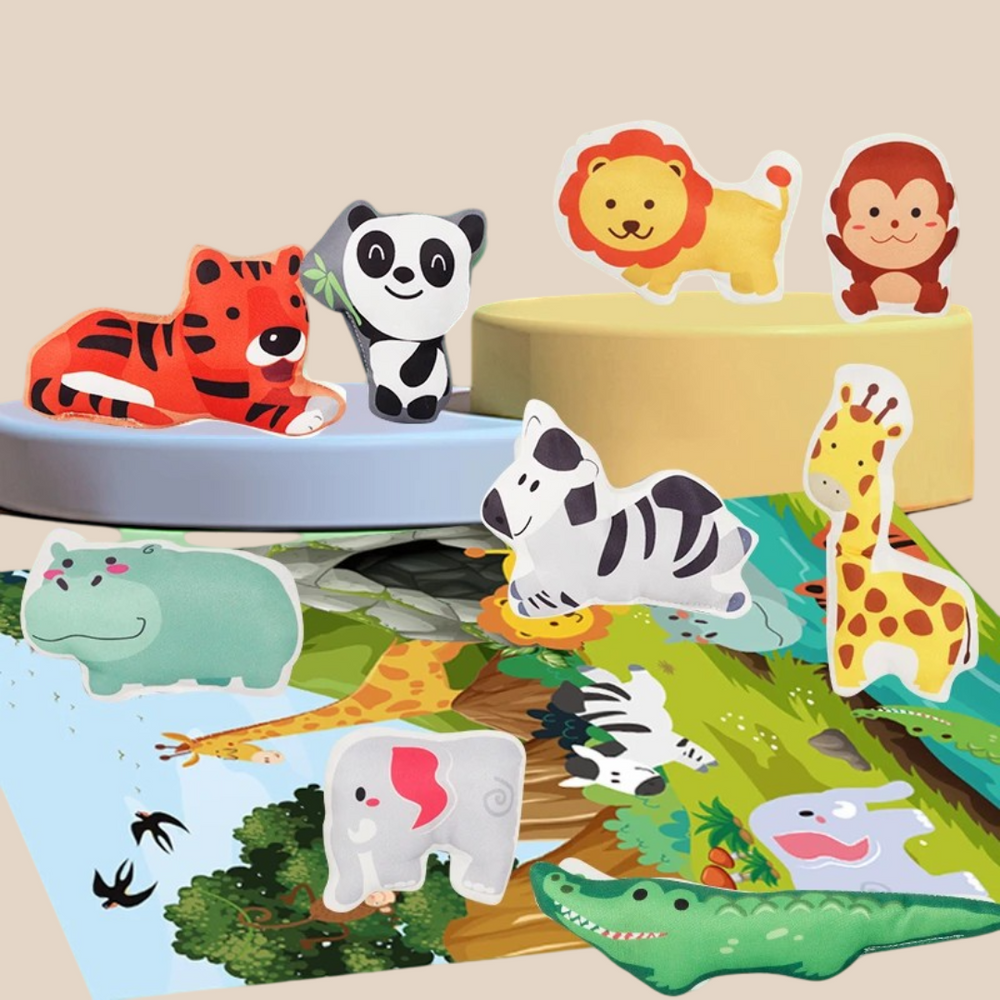 Jungle Avontuur Speelset – Zachte Stoffen Dieren & Opvouwbare Speelmat, Educatief Peuterspeelgoed (0-4 Jaar)