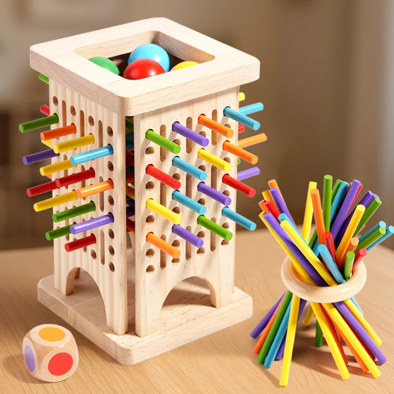 Stokjesspel van hout met kleurendobbelsteen – toren of ring, 2 of meer spelers | behendigheidsspel