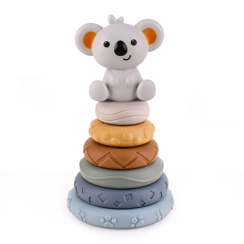 Stapel- en bijtspeelgoed koala met kubussen en ringen – zachte kunststof, texturen | babyspeelgoed