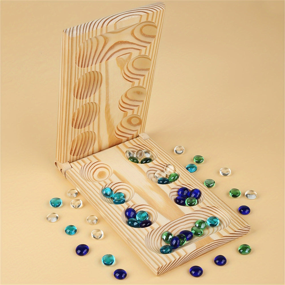 BrainStones – Luxe Draagbaar Mancala Reisspel voor Familie, Kinderen en Strategieliefhebbers – Educatief, Compact en Hoogwaardig Houten Bord met 48 Glazen Stenen
