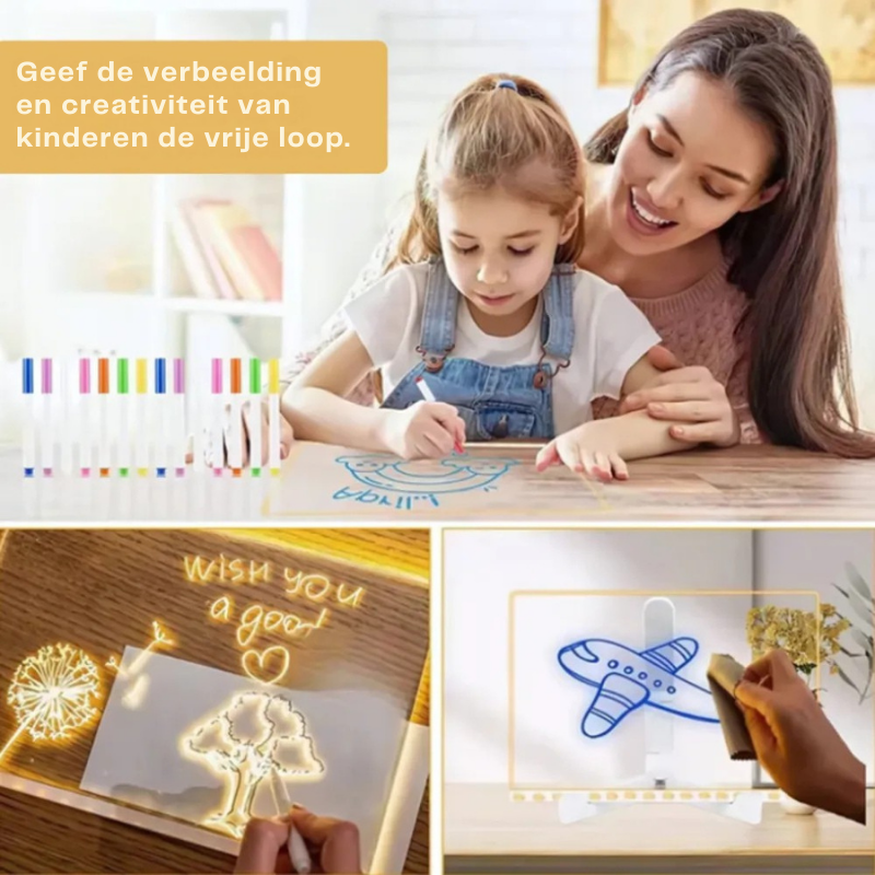 Briluna Studio LumiNote LED Tekenbord – Herbruikbaar Acryl Schrijf- en Notitiebord met 7 Kleuren