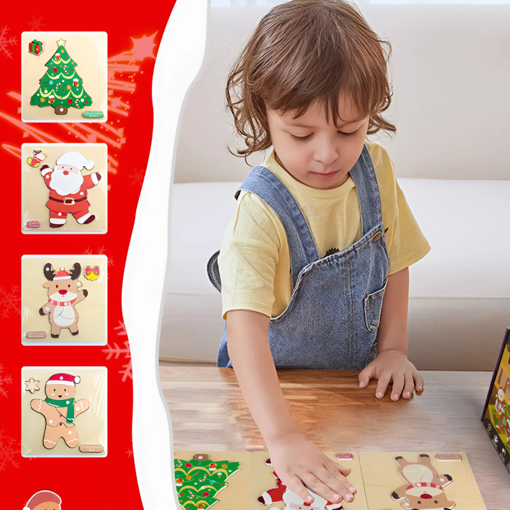 Christmas Puzzle Houten Puzzels voor Kinderen – Kerstman, Rendier, Kerstboom & Peperkoekmannetje – Educatief Speelgoed voor 3+ Jaar – Fijne Motoriek & Hand-Oogcoördinatie