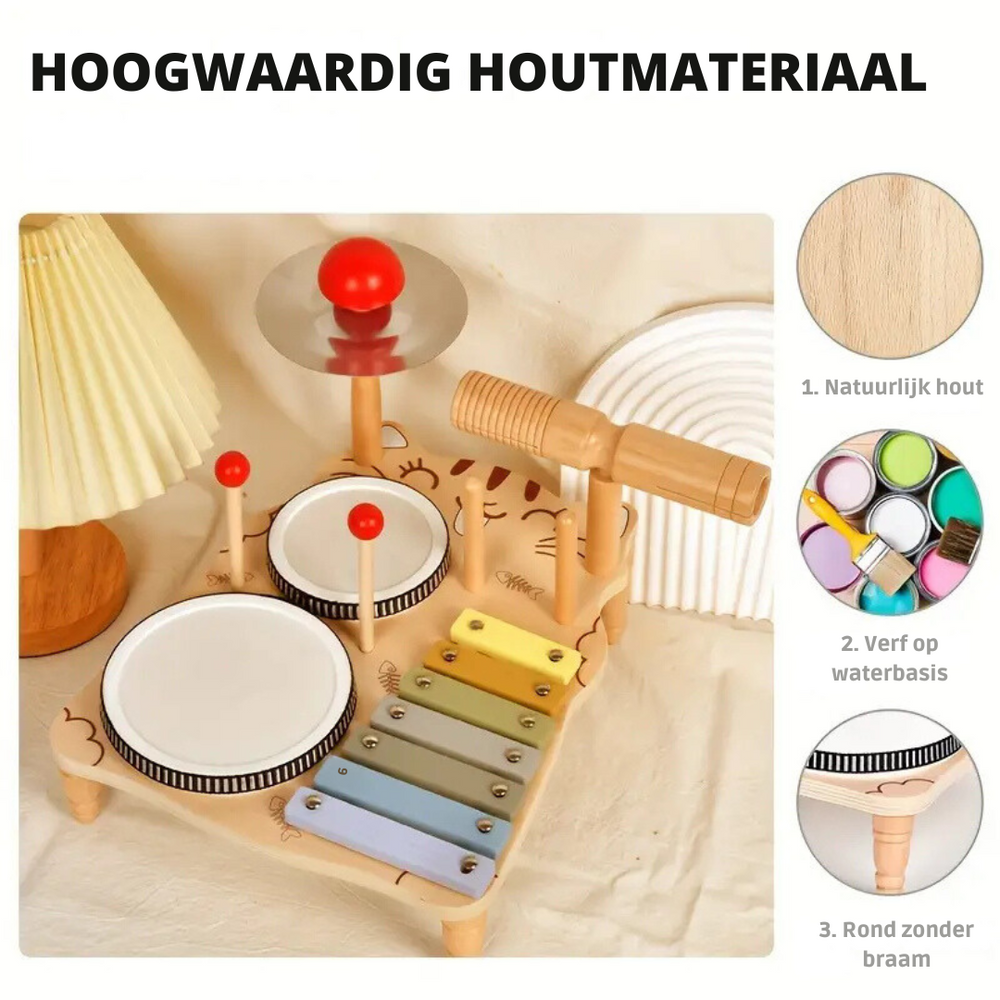 Houten Drumstel voor Peuters – Educatief Muziekspeelgoed voor Creatief Spel