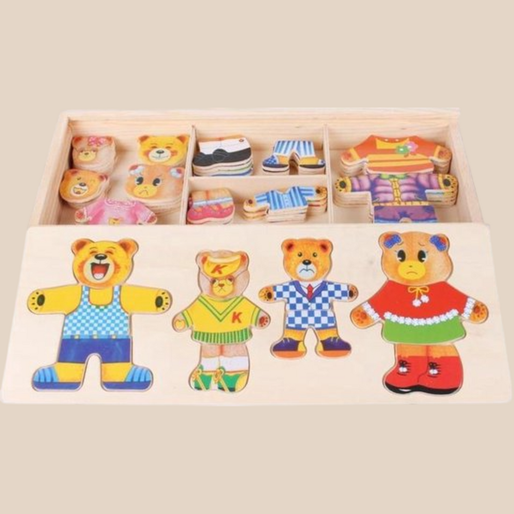 Houten Puzzelset - TeddyDress Verkleedpuzzel, Beertjes, Hout, 2+ Jaar