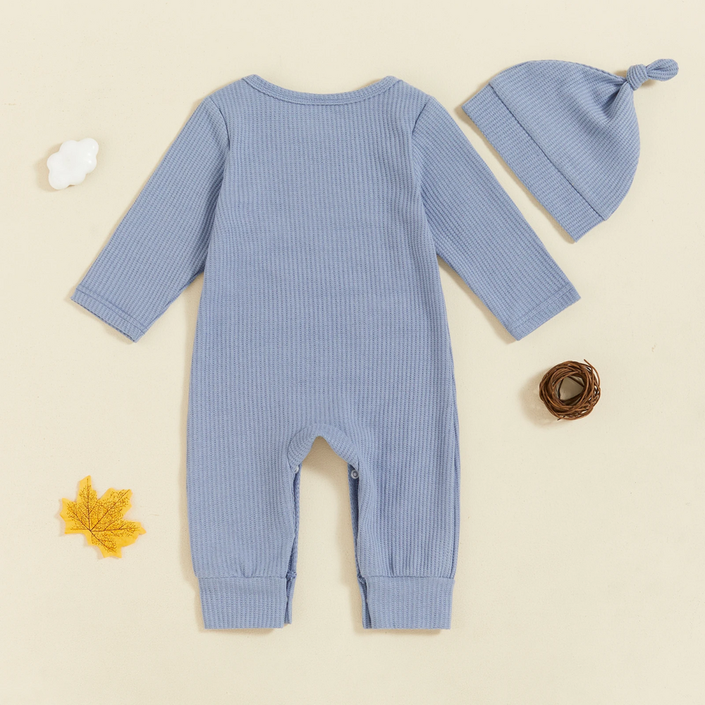 Babyjumpsuit met bijpassend mutsje, tweedelige set van zachte katoenmix met lange mouwen voor jongens en meisjes