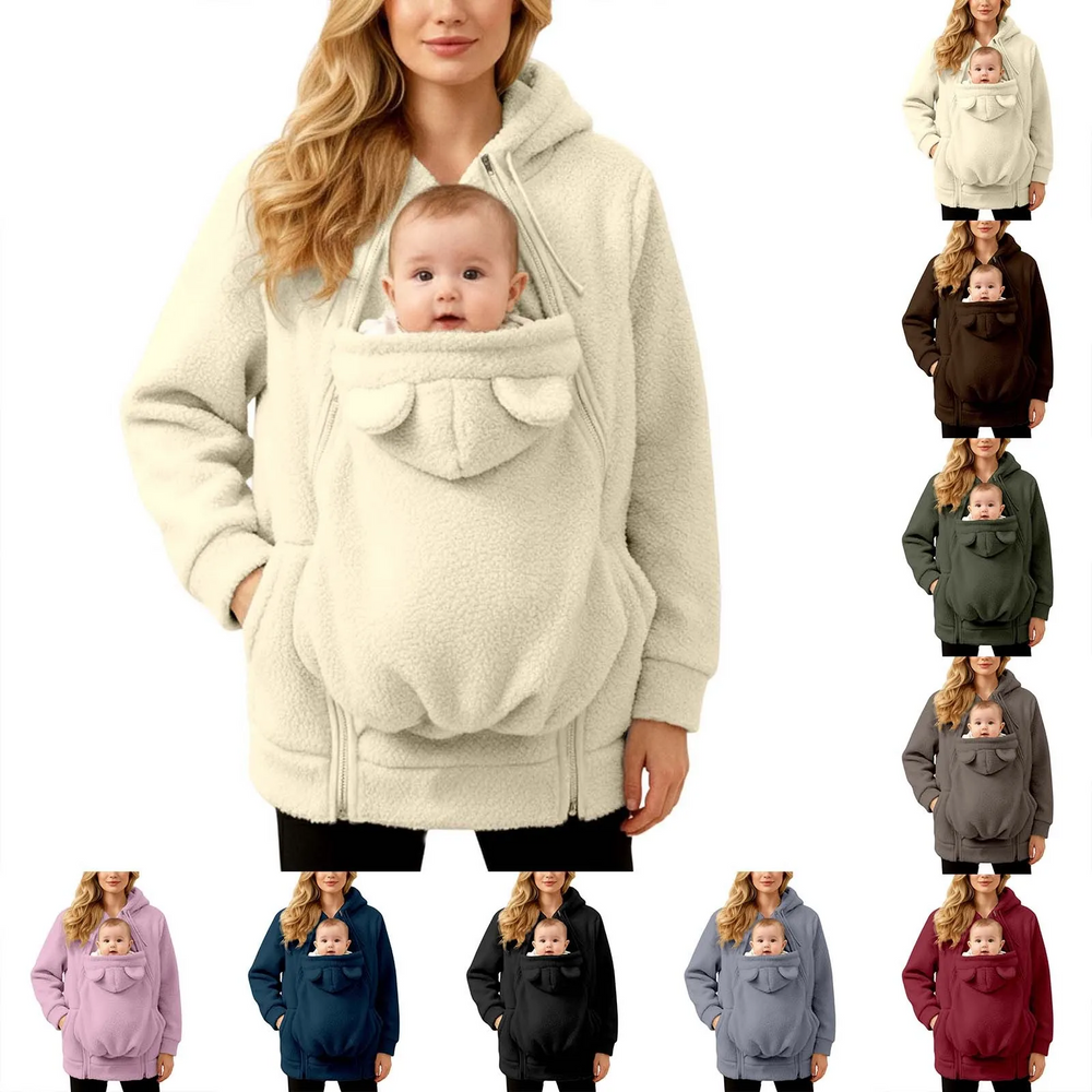Draagjas 2-in-1 voor mama en baby – zachte fleece, capuchon, rits, zakken | babywearing hoodie