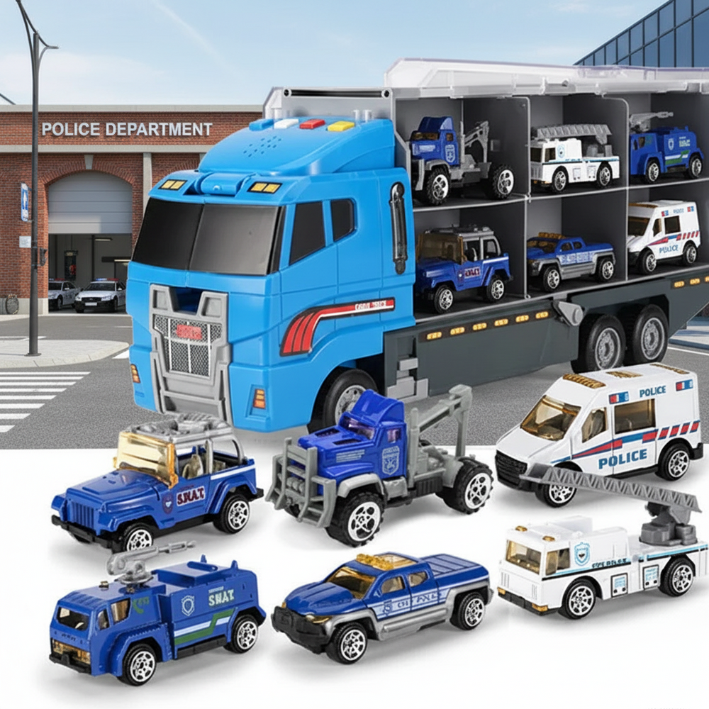 Speelgoedtruck met 6 voertuigen, licht en geluid – opbergvakken, uitklapbare baan | containertruck