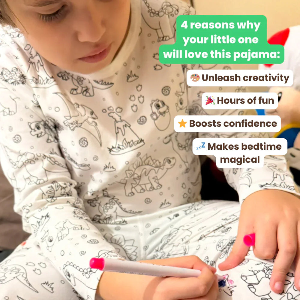 Inkleurbare kinderpyjama dino – DIY pyjama om zelf te kleuren