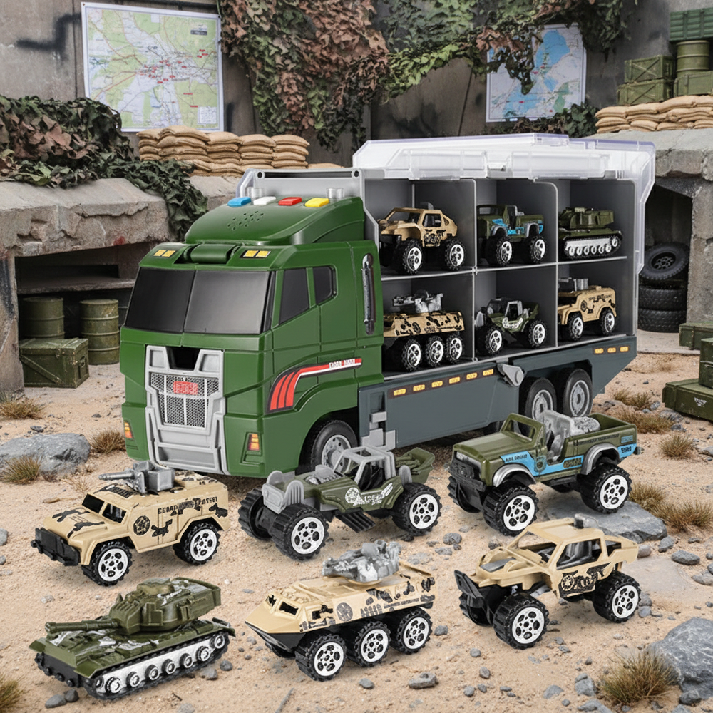 Speelgoedtruck met 6 voertuigen, licht en geluid – opbergvakken, uitklapbare baan | containertruck
