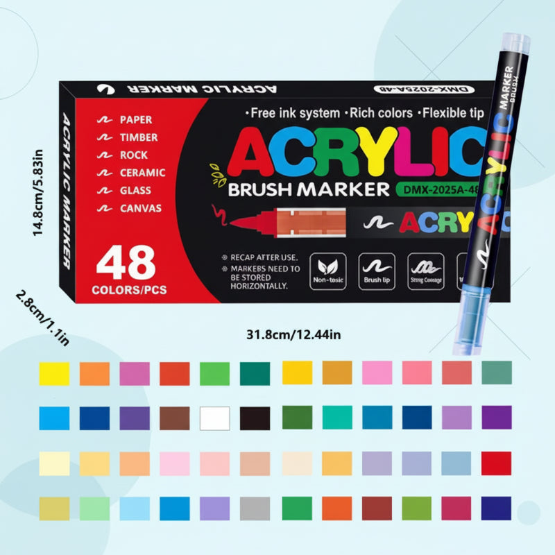 Acrylmarkers met flexibele penseelpunt voor glas, keramiek, steen, hout en papier, sneldrogende inkt op waterbasis