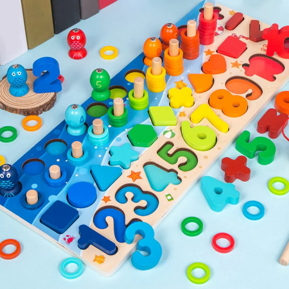 Montessori Houten Speelbord – Educatief Sensorisch Speelgoed van Beukenhout | Leren Rekenen, Alfabet & Visjes Vangen voor Kinderen 2+