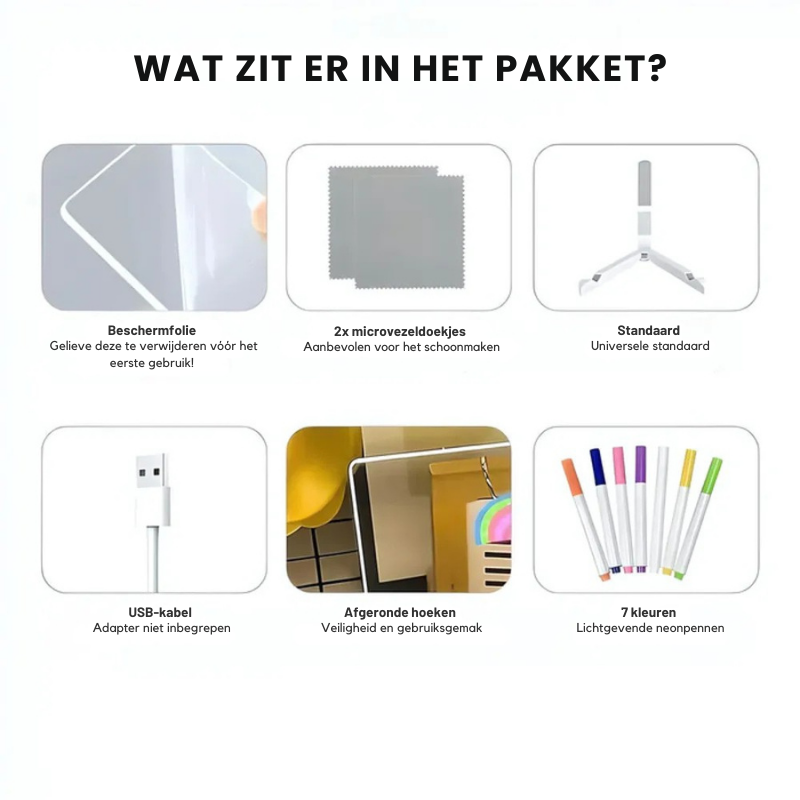 Briluna Studio LumiNote LED Tekenbord – Herbruikbaar Acryl Schrijf- en Notitiebord met 7 Kleuren