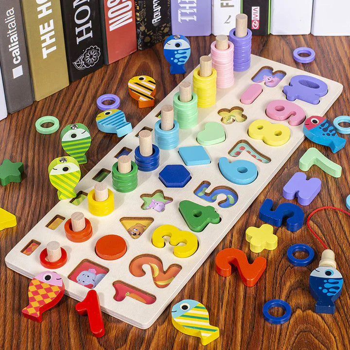 Montessori Houten Speelbord – Educatief Sensorisch Speelgoed van Beukenhout | Leren Rekenen, Alfabet & Visjes Vangen voor Kinderen 2+