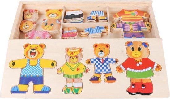 Houten Puzzelset - TeddyDress Verkleedpuzzel, Beertjes, Hout, 2+ Jaar