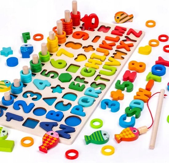 SpeelSlim Educatief Houten Speelbord - Letters, Cijfers & Vormen, Leerzaam Montessori Speelgoed, +1 Jaar