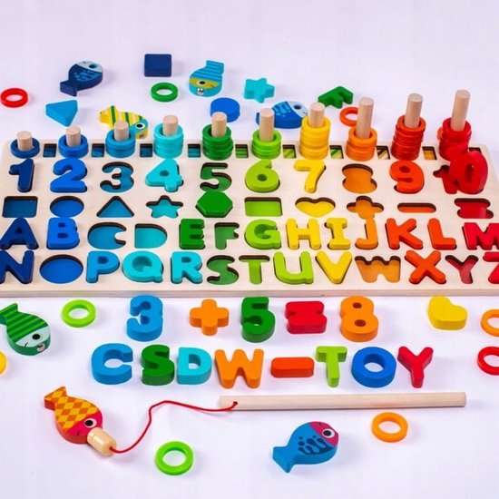 SpeelSlim Educatief Houten Speelbord - Letters, Cijfers & Vormen, Leerzaam Montessori Speelgoed, +1 Jaar