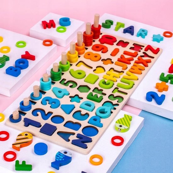 SpeelSlim Educatief Houten Speelbord - Letters, Cijfers & Vormen, Leerzaam Montessori Speelgoed, +1 Jaar