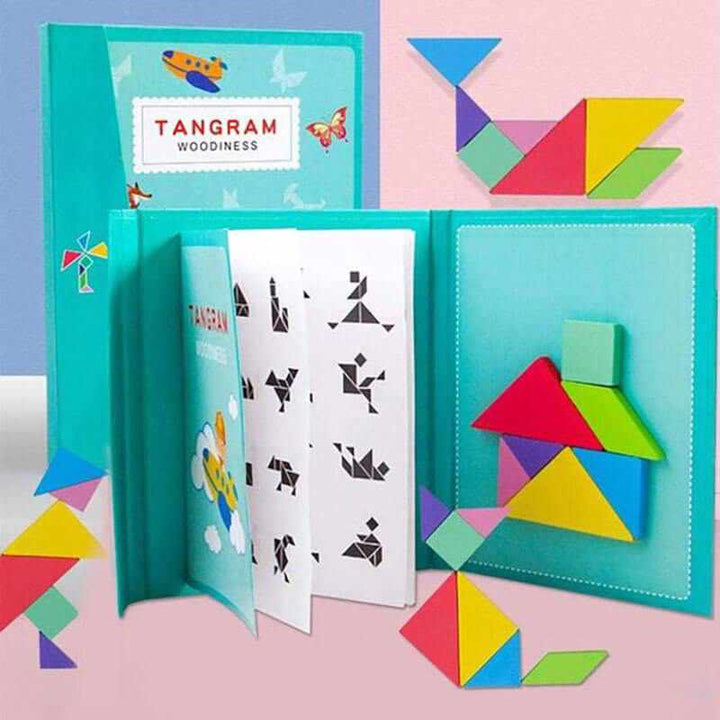 Magnetisch Tangram Leerboek voor Kinderen – Houten Puzzelset met 96 Uitdagingen