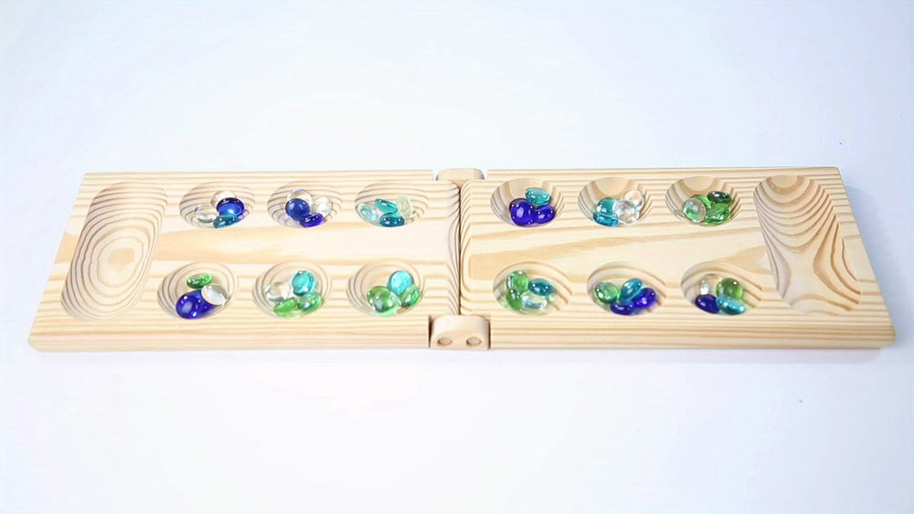 BrainStones – Luxe Draagbaar Mancala Reisspel voor Familie, Kinderen en Strategieliefhebbers – Educatief, Compact en Hoogwaardig Houten Bord met 48 Glazen Stenen