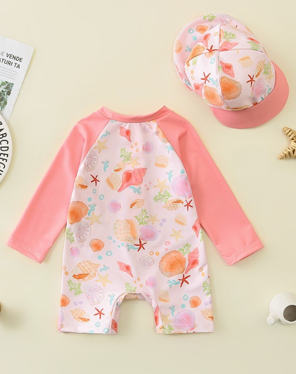 UV zwempak baby met hoedje bloemenprint – UPF50+ zwempak 0-3 jaar