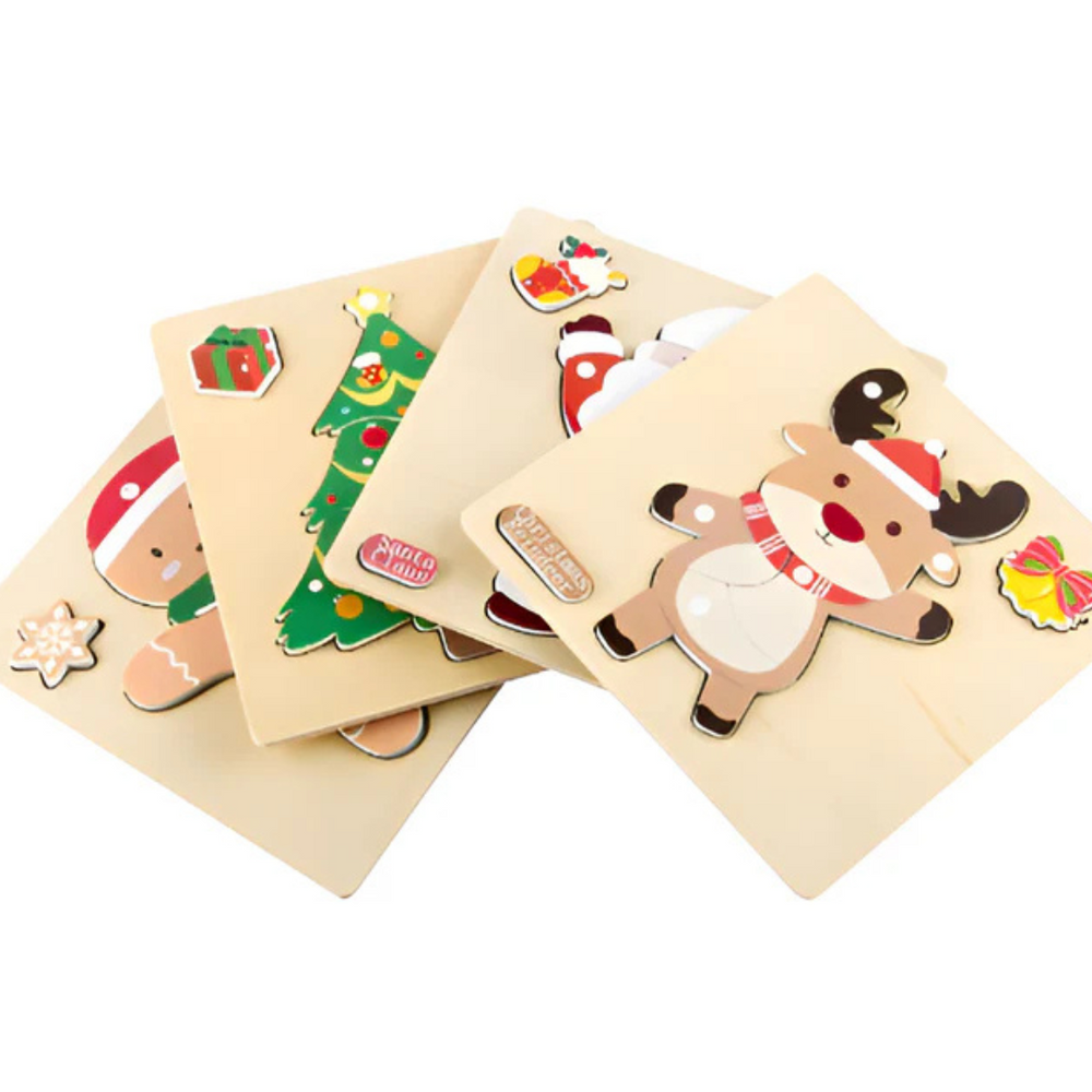 Christmas Puzzle Houten Puzzels voor Kinderen – Kerstman, Rendier, Kerstboom & Peperkoekmannetje – Educatief Speelgoed voor 3+ Jaar – Fijne Motoriek & Hand-Oogcoördinatie