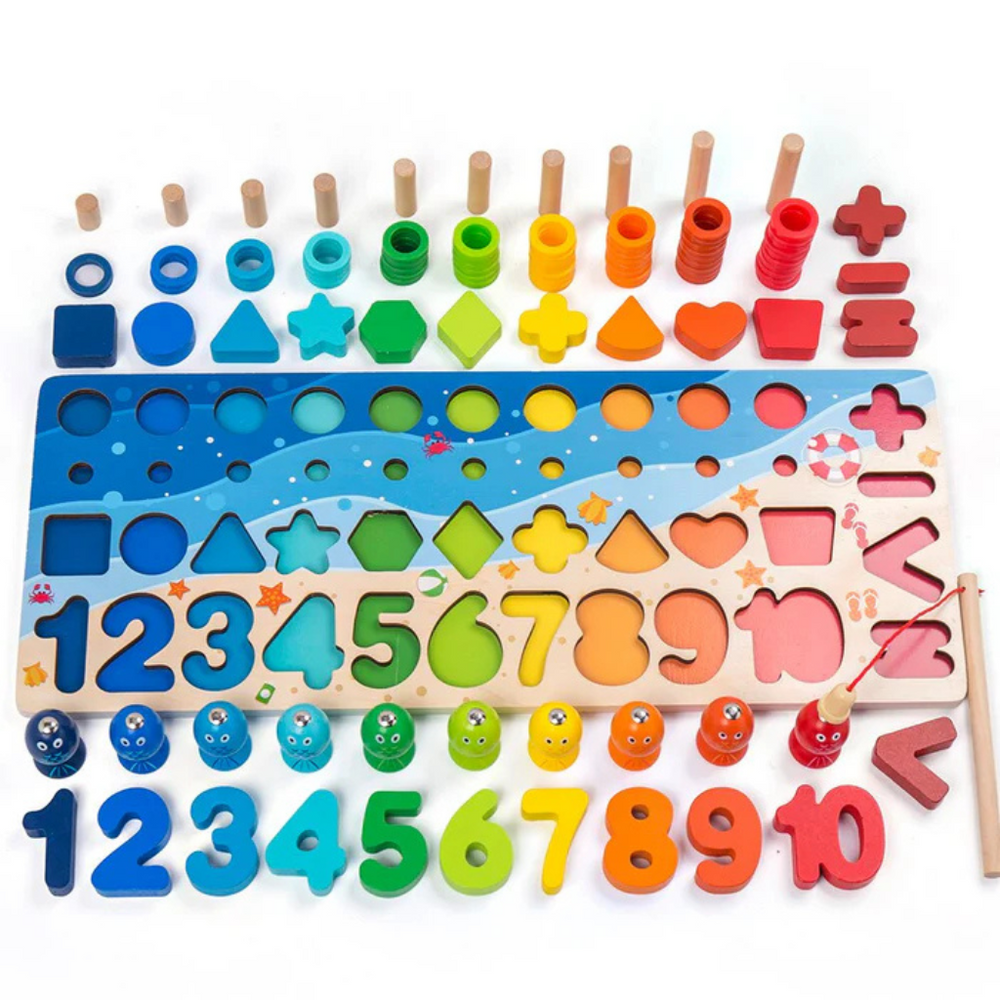 Montessori Houten Speelbord – Educatief Sensorisch Speelgoed van Beukenhout | Leren Rekenen, Alfabet & Visjes Vangen voor Kinderen 2+