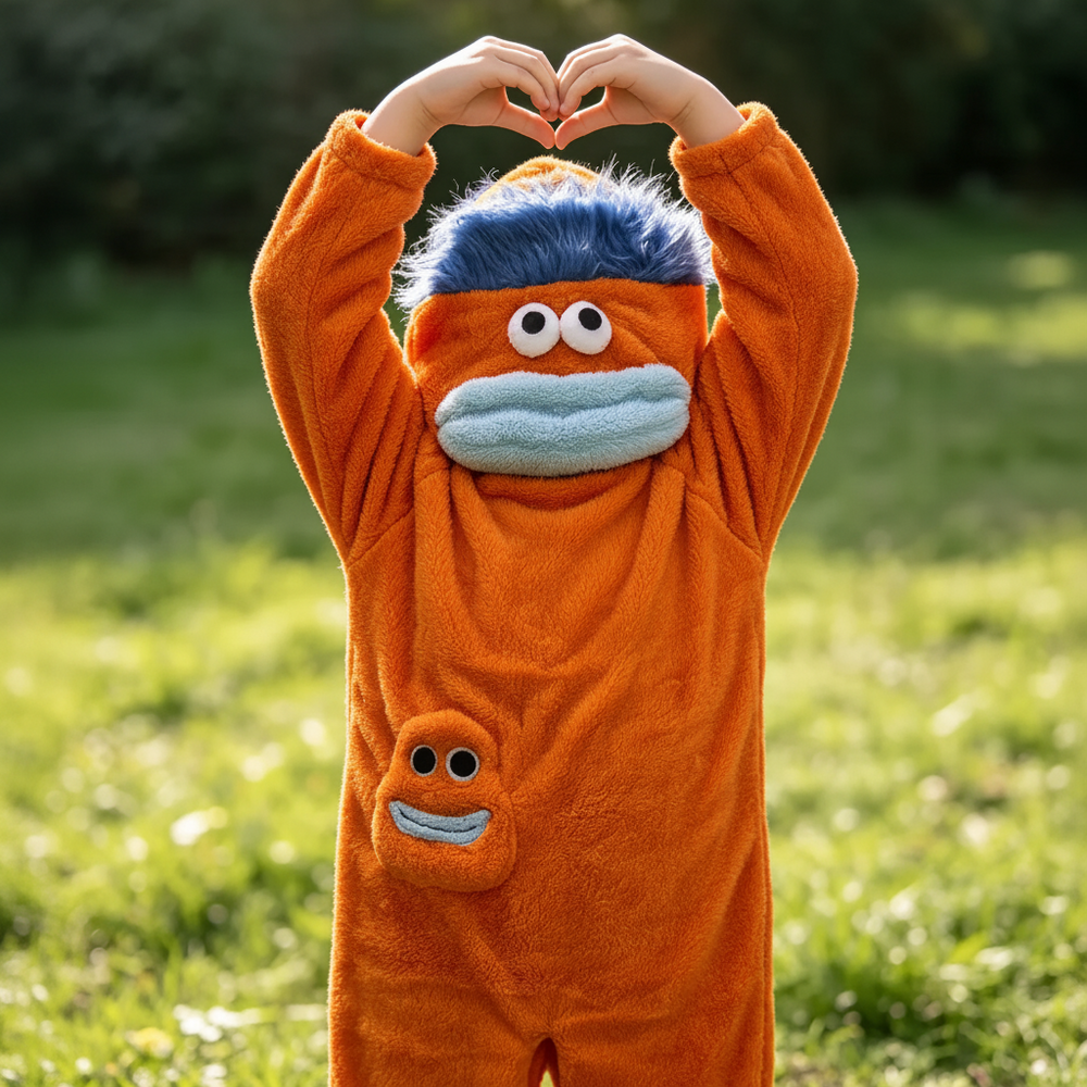 Kinder-onesie met monsterdesign en capuchon – zachte stof, ruime pasvorm | verkleedpak