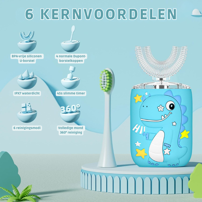 Elektrische Kinder Tandenborstel met 360° U-Borstel en Tandpasta | RoarClean Junior SonicBrush – Zacht, Waterdicht en Met 6 Poetsstanden