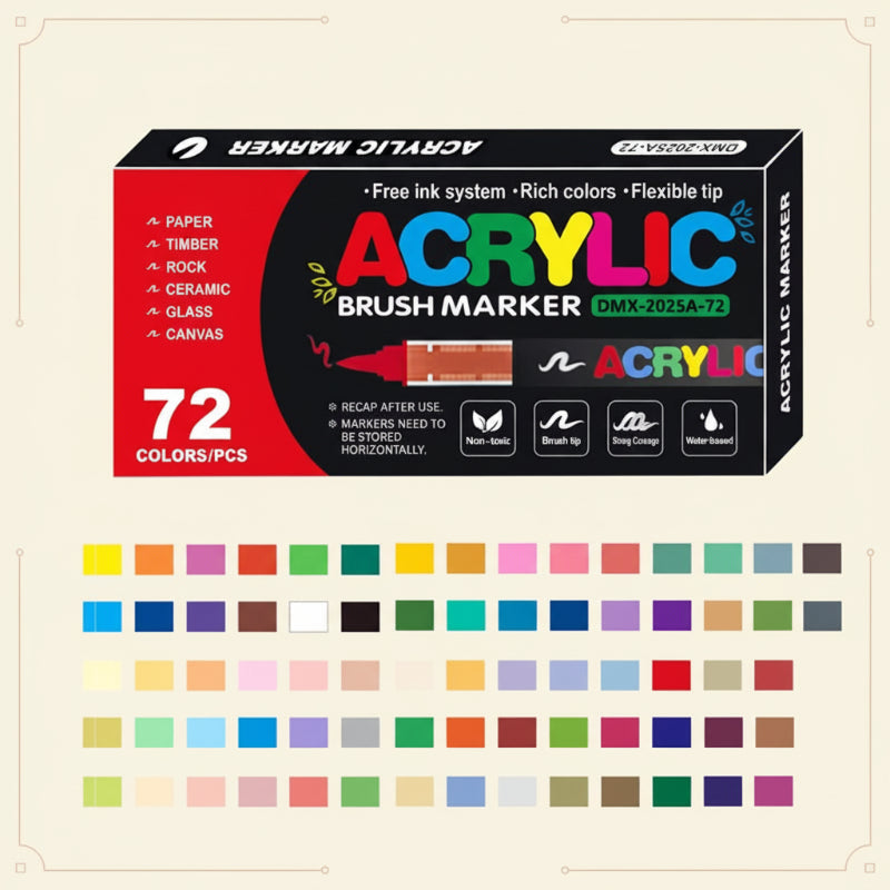 Acrylmarkers met flexibele penseelpunt voor glas, keramiek, steen, hout en papier, sneldrogende inkt op waterbasis