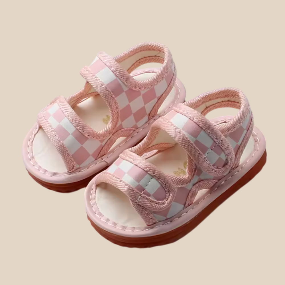 Sandaal met Klittenband - CheckerSteps Unisex, Zwart/Roze, Maat 16-20