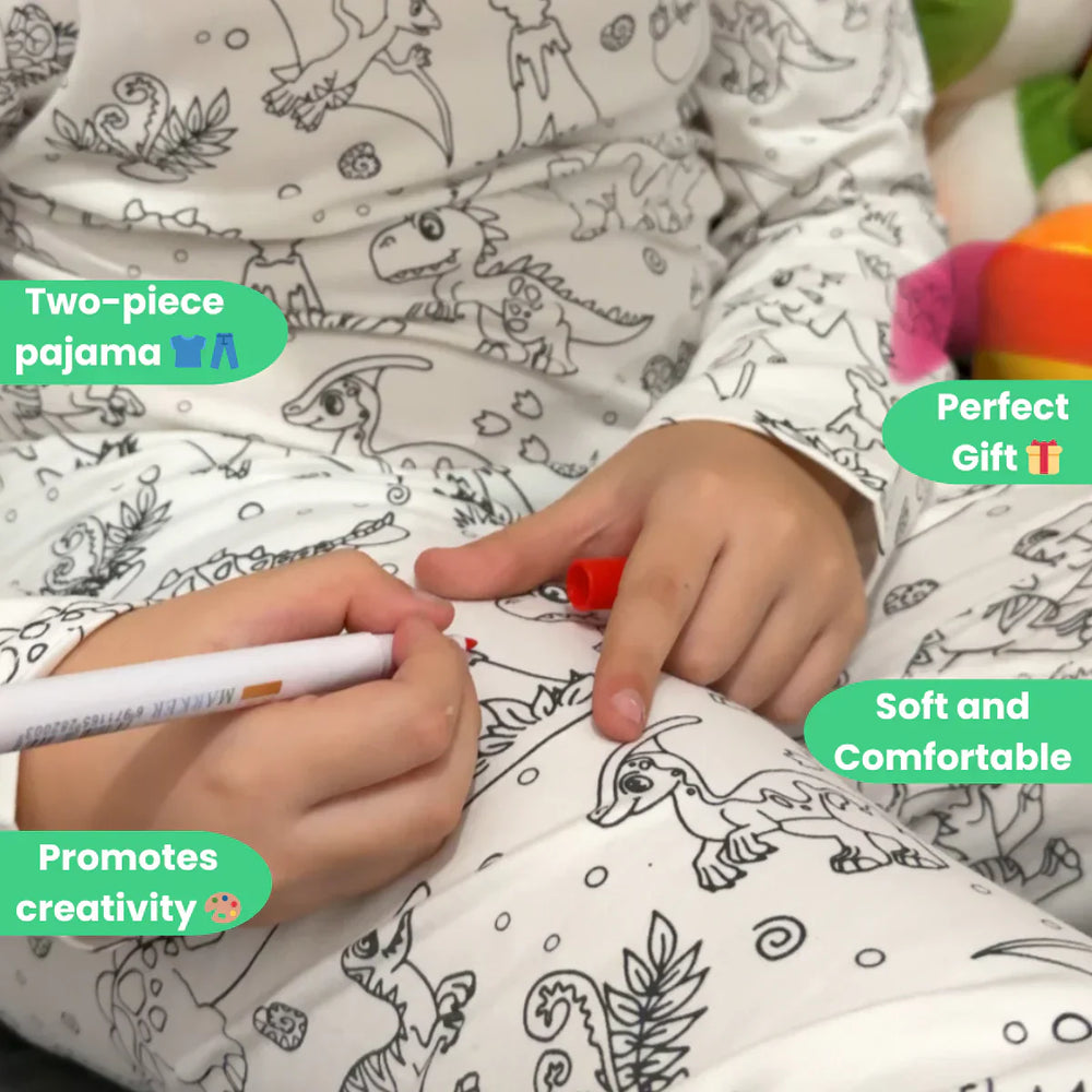 Inkleurbare kinderpyjama dino – DIY pyjama om zelf te kleuren