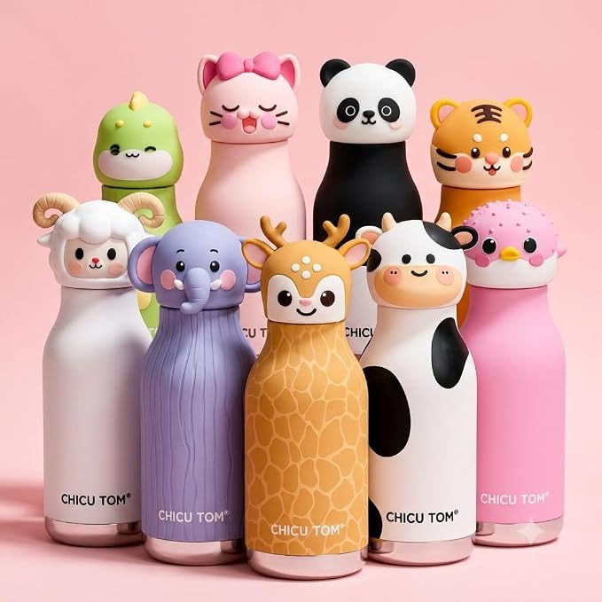 Kinderthermosfles rvs 316 met dierenkop – 8 uur warm, 12 uur koud, voor school en sport | drinkfles