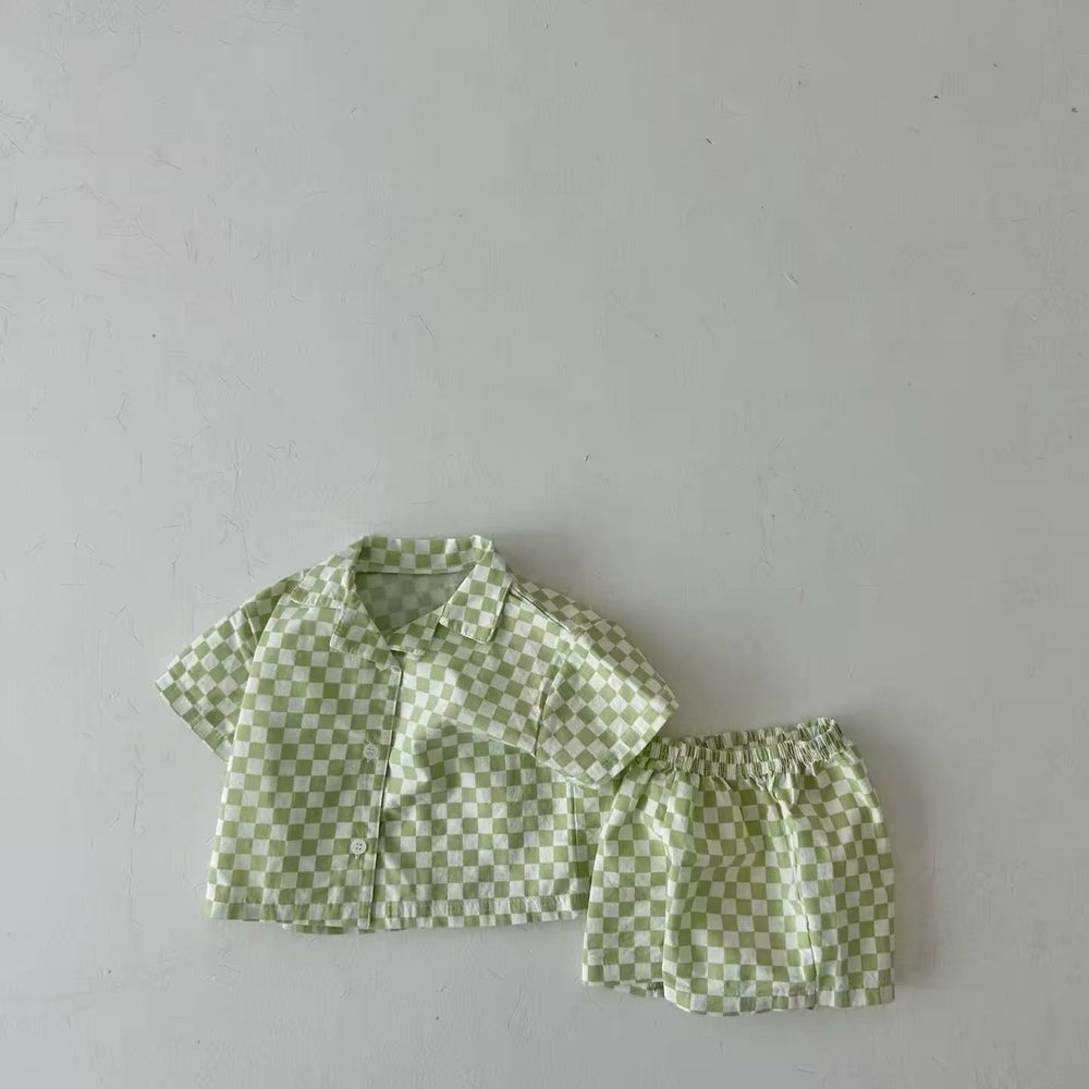 Trendy Geblokte Kledingset Shirt en Short - Baby Peuter Kleuter Kinderen, Roze/Blauw/Groen, Katoen, Maat 0-6 Jaar
