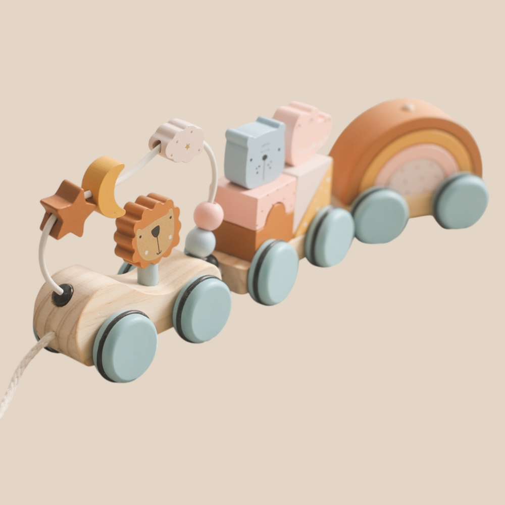 Houten Treintje met Dieren & Regenboog – Koppelbaar Speelgoedtrein voor Peuters, Duurzaam Hout, +1 Jaar