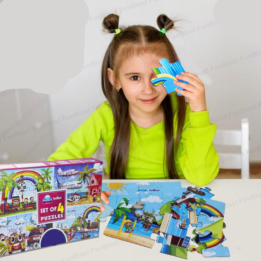 4-in-1 Kinderpuzzel Set – 96 Stukjes Educatieve Dieren & Vervoer Puzzels