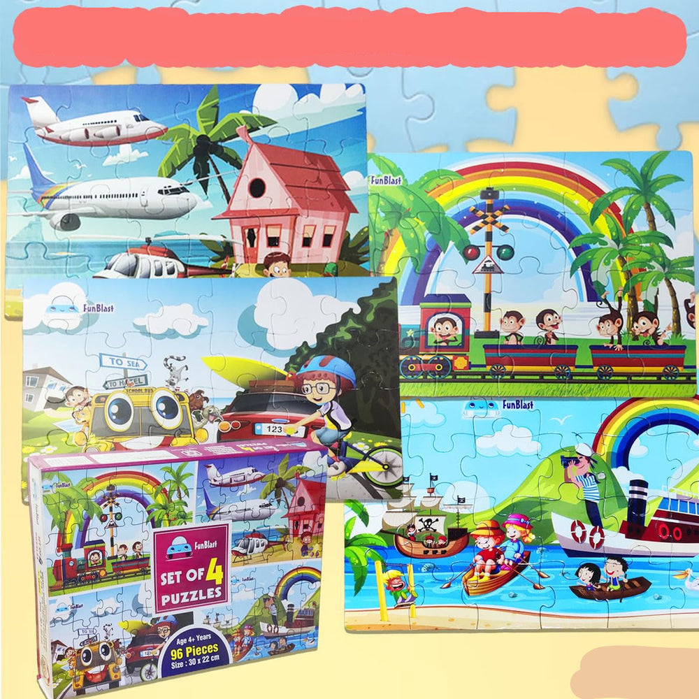 4-in-1 Kinderpuzzel Set – 96 Stukjes Educatieve Dieren & Vervoer Puzzels