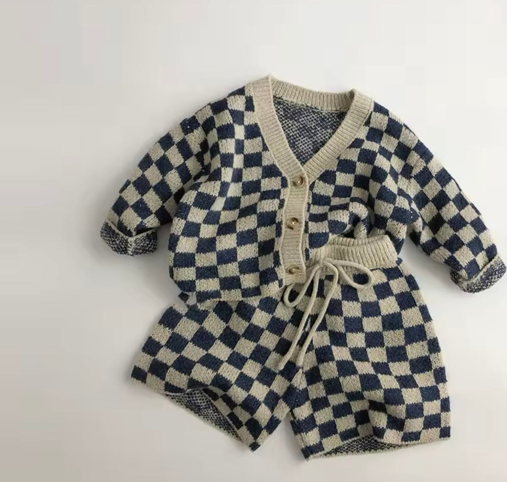 Zomerse Gebreide Short Set voor Baby & Peuter – Blauw/Beige, Zachte Katoen, Maat 0-7 Jaar