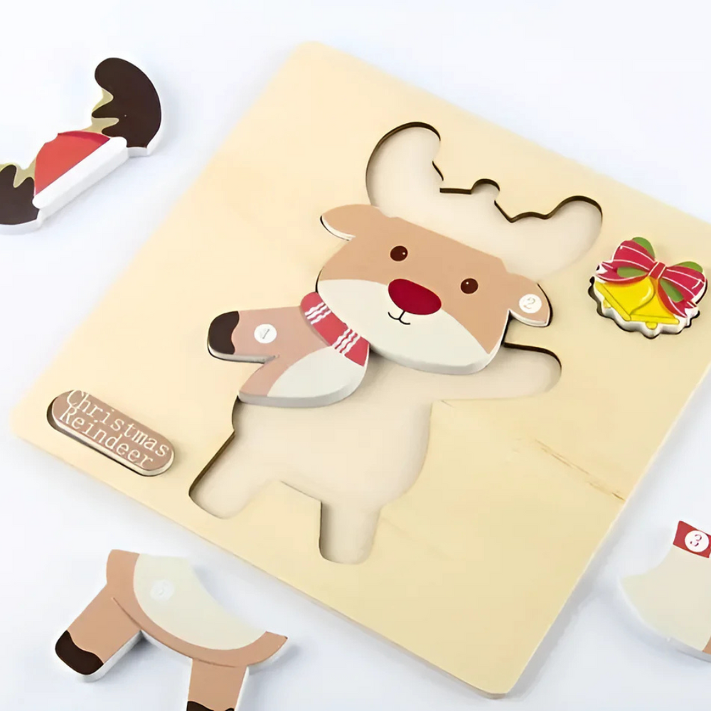 Christmas Puzzle Houten Puzzels voor Kinderen – Kerstman, Rendier, Kerstboom & Peperkoekmannetje – Educatief Speelgoed voor 3+ Jaar – Fijne Motoriek & Hand-Oogcoördinatie