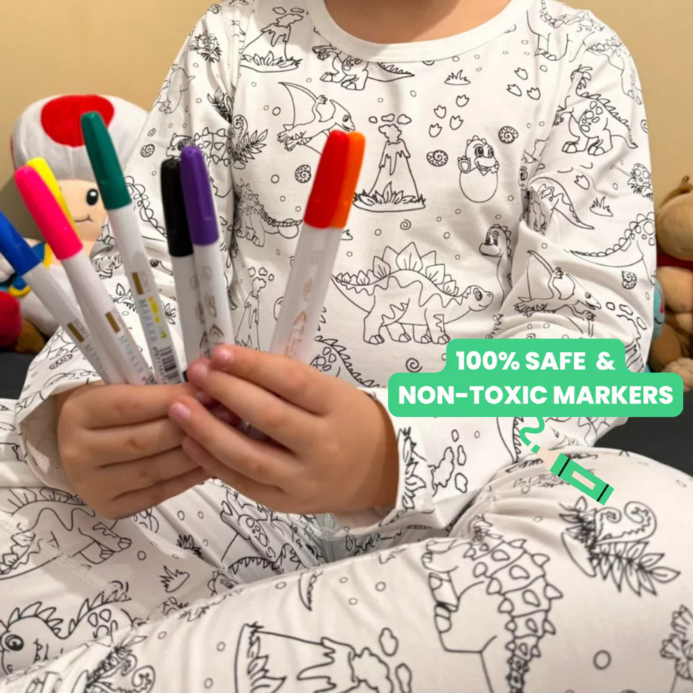 Inkleurbare kinderpyjama dino – DIY pyjama om zelf te kleuren