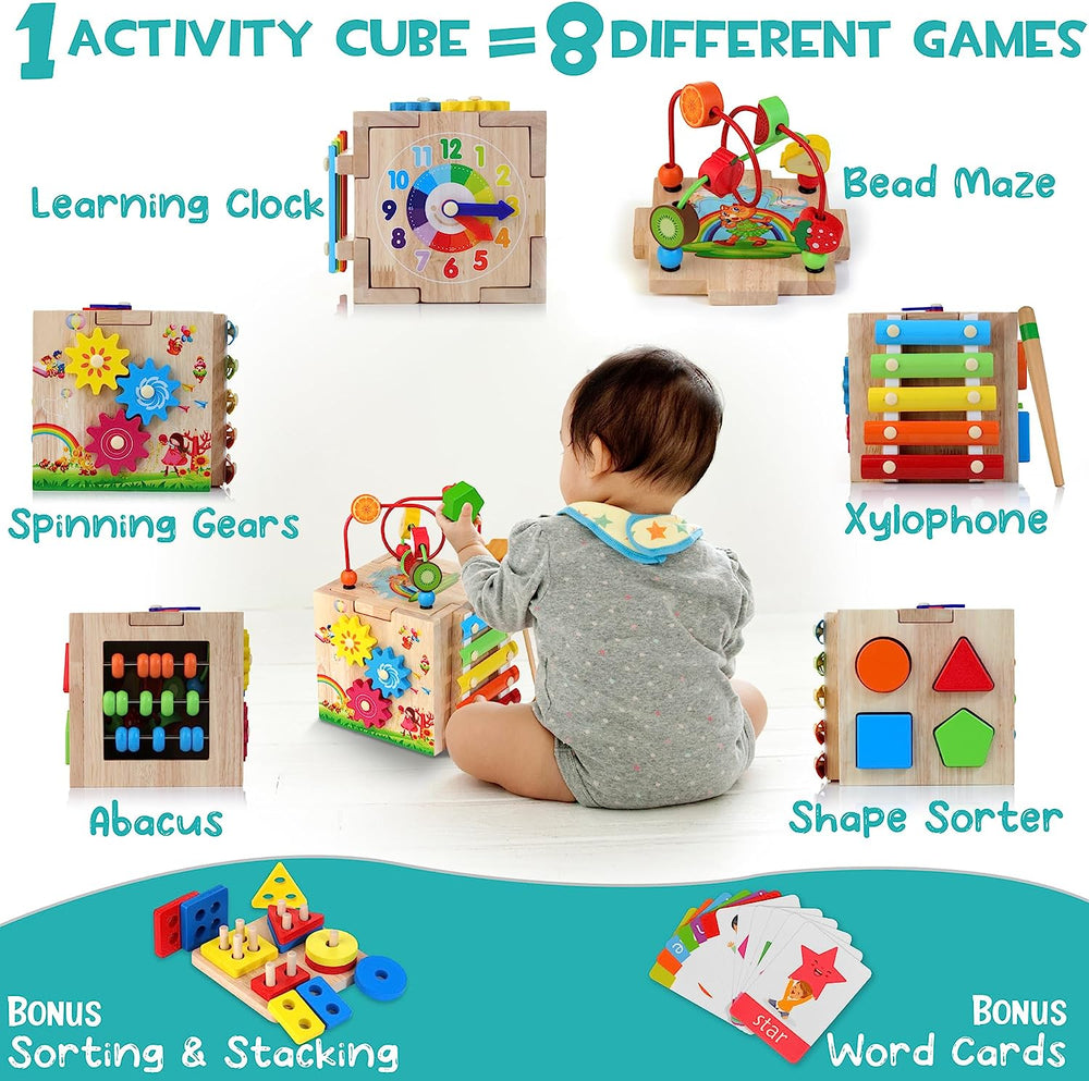 TinyLearn 8-in-1 Montessori Activiteitenkubus – Educatief Speelgoed voor Peuters vanaf 18 Maanden – Motoriek, Muziek & Probleemoplossing