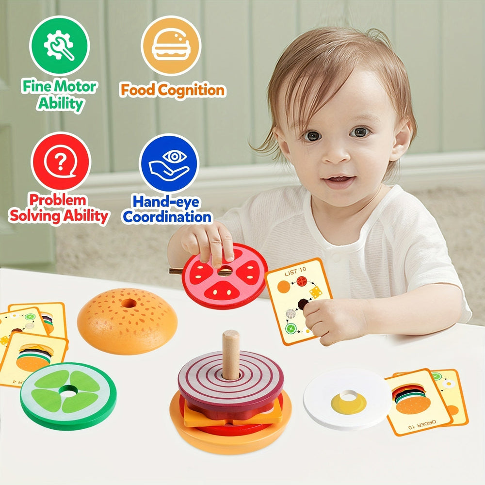 BurgerStacker Montessori Houten Stapelspel – Creatief & Educatief Speelgoed voor Kinderen vanaf 3 jaar, Ontwikkelt Fijne Motoriek en Probleemoplossend Vermogen