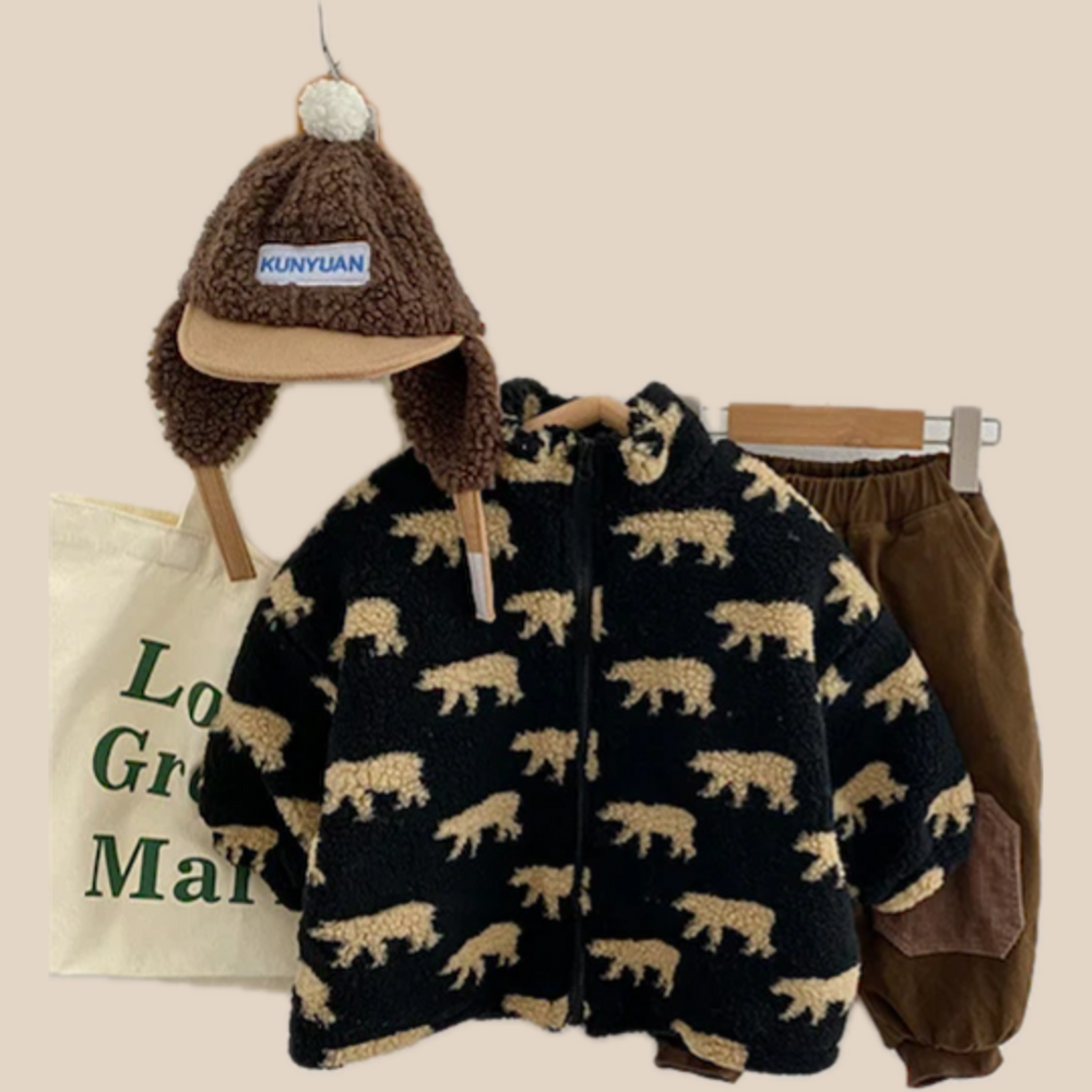 Fleece Vest met Berenmotief – Beren Unisex, Zwart/Groen, Maat 1-6 jaar