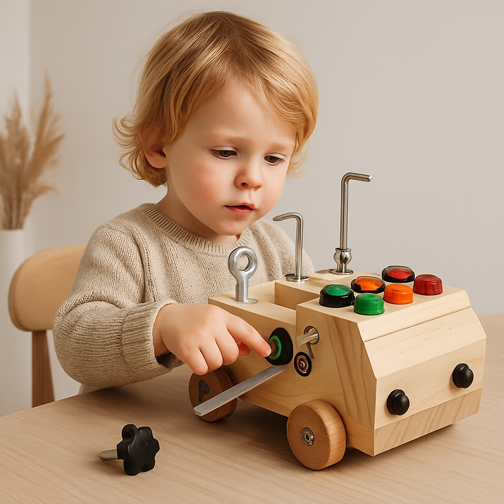 Houten Montessori Bus Speelbord - Multiplex Educatief LED Speelgoed voor Kinderen