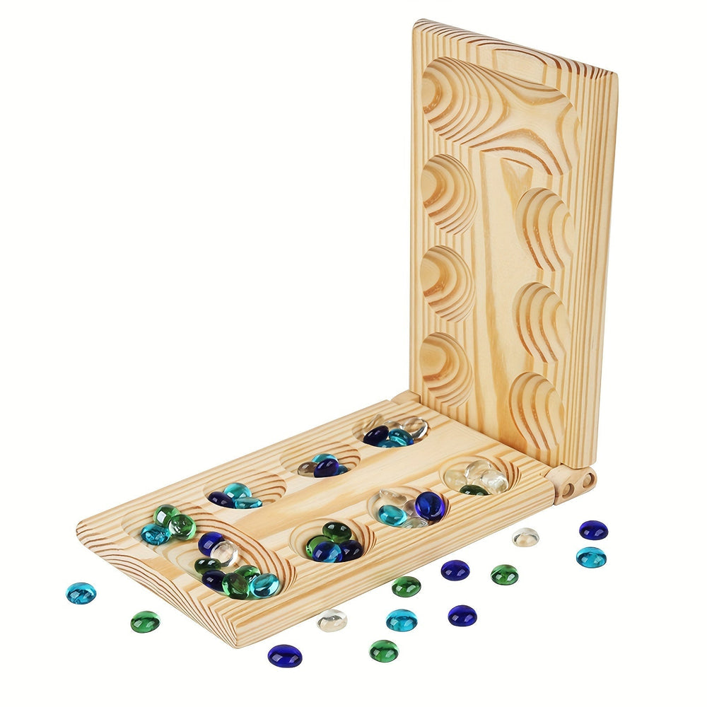 BrainStones – Luxe Draagbaar Mancala Reisspel voor Familie, Kinderen en Strategieliefhebbers – Educatief, Compact en Hoogwaardig Houten Bord met 48 Glazen Stenen