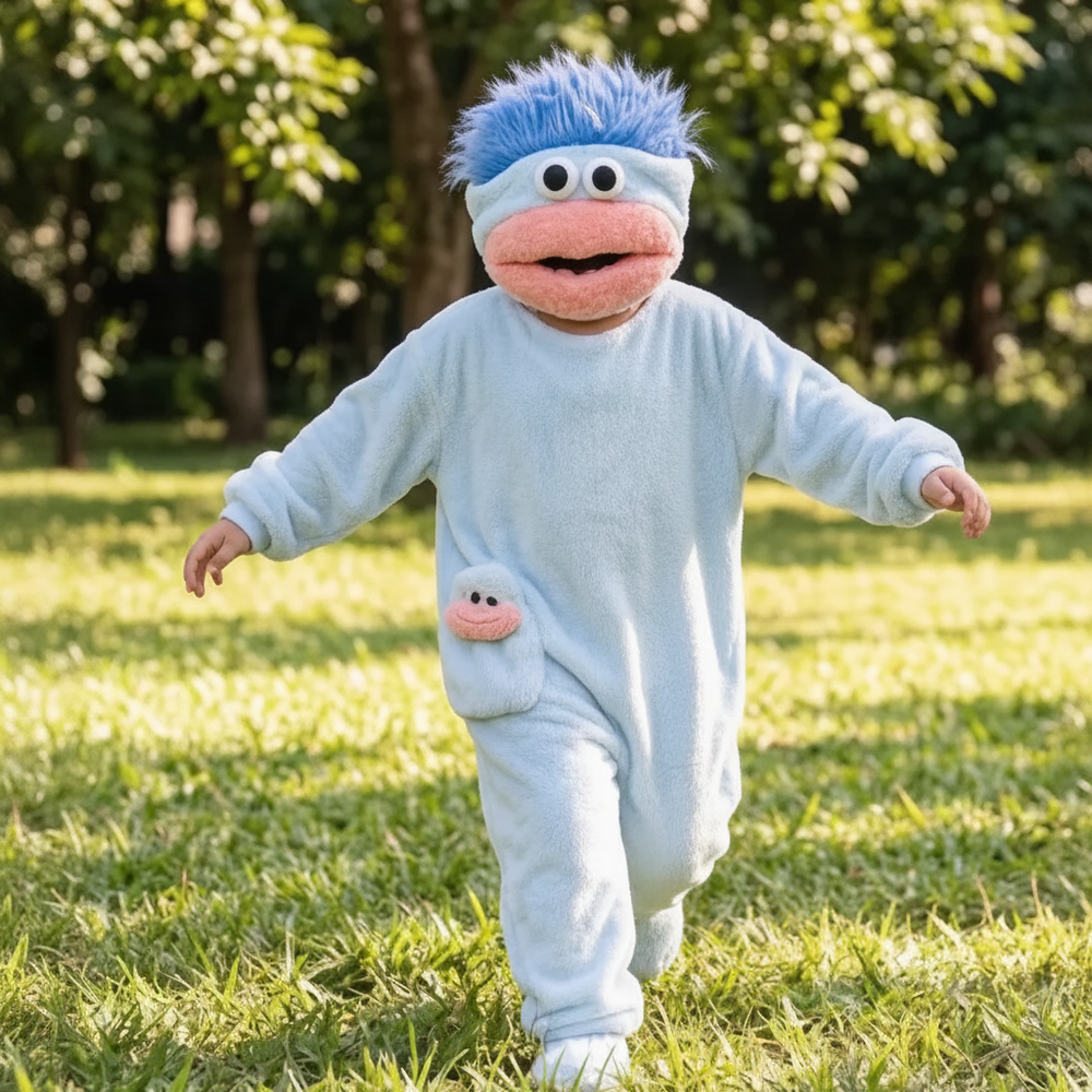 Kinder-onesie met monsterdesign en capuchon – zachte stof, ruime pasvorm | verkleedpak
