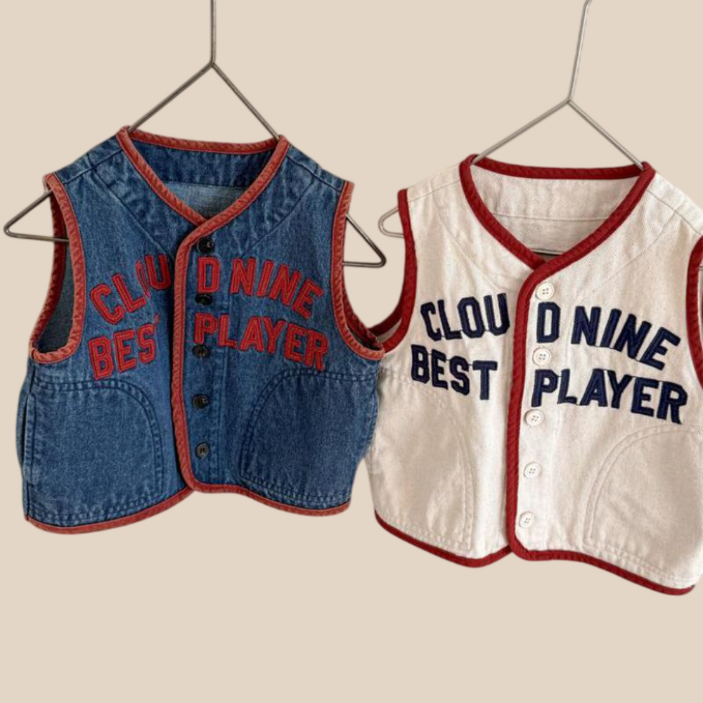 Gilet - CloudNine Unisex, Beige/Blauw, Katoen, Maat 0-6 Jaar