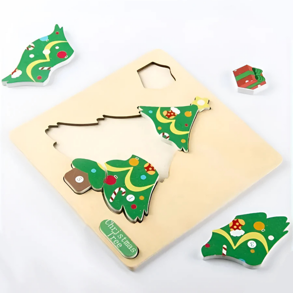 Christmas Puzzle Houten Puzzels voor Kinderen – Kerstman, Rendier, Kerstboom & Peperkoekmannetje – Educatief Speelgoed voor 3+ Jaar – Fijne Motoriek & Hand-Oogcoördinatie